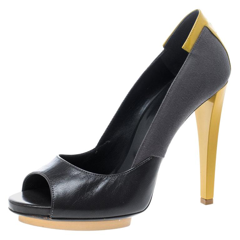 Balenciaga Grey/Yellow Canvas and Leather Peep Toe Pumps Size 38.5 For ...