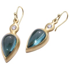 Indicolite Blue Tourmaline Cabochon 18K Gold Earrings