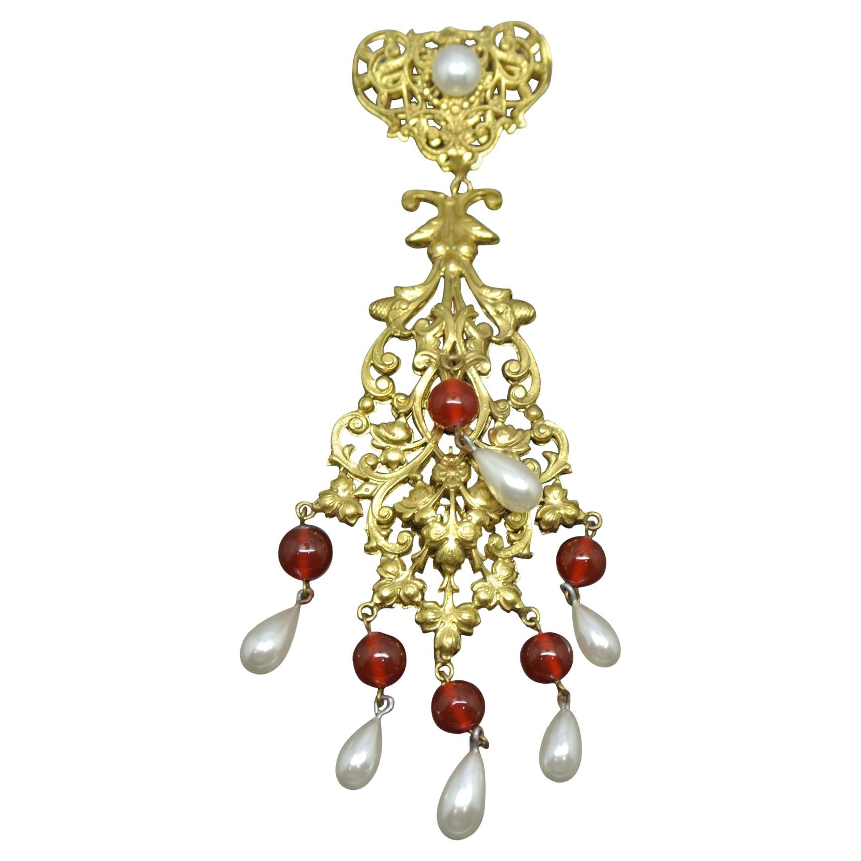 French Woloch Paris red Poured Glass byzantine filigree faux pearl drop Brooch For Sale