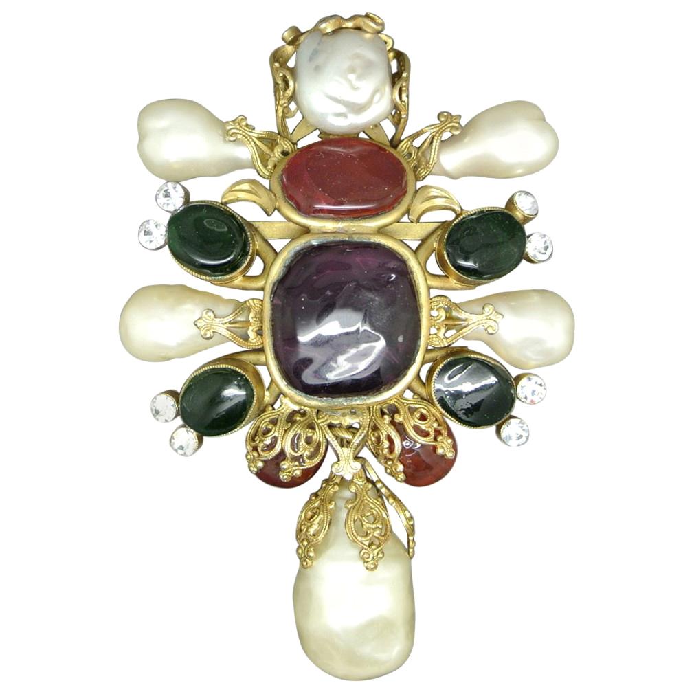 Vintage Chanel Red Green Poured Glass Gripoix baroque Pearl large Brooch For Sale