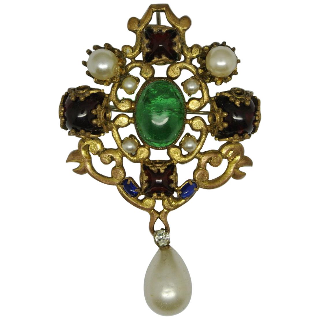 Vintage Chanel Red Green Poured Glass Gripoix Pearl drop byzantine Brooch