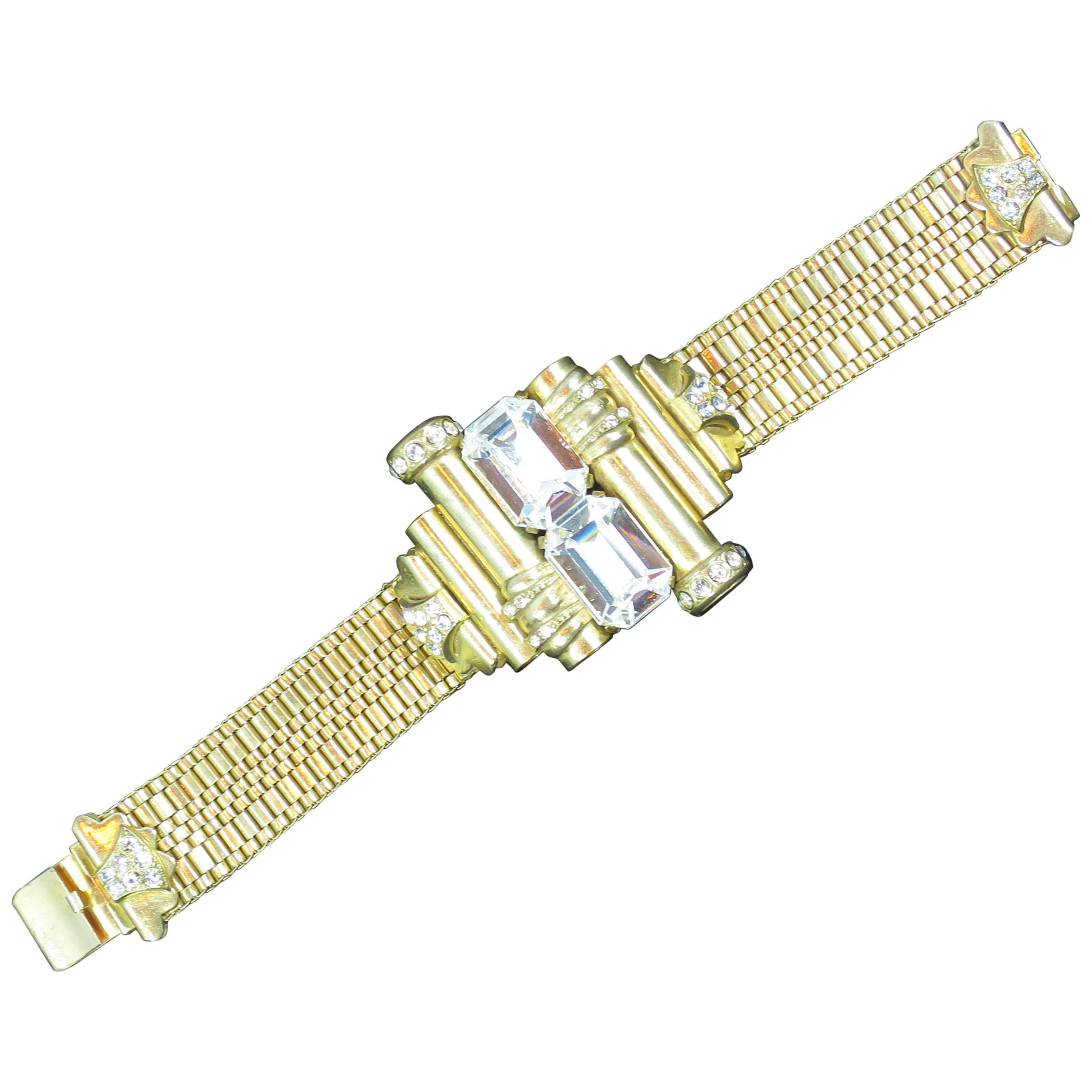 Mid-Century Glam Architectural Woven Link Crystal Bracelet, 1940s For Sale