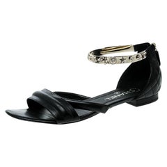 Chanel Black Quilted Leather Charm Embellished Sandals Size 39.5