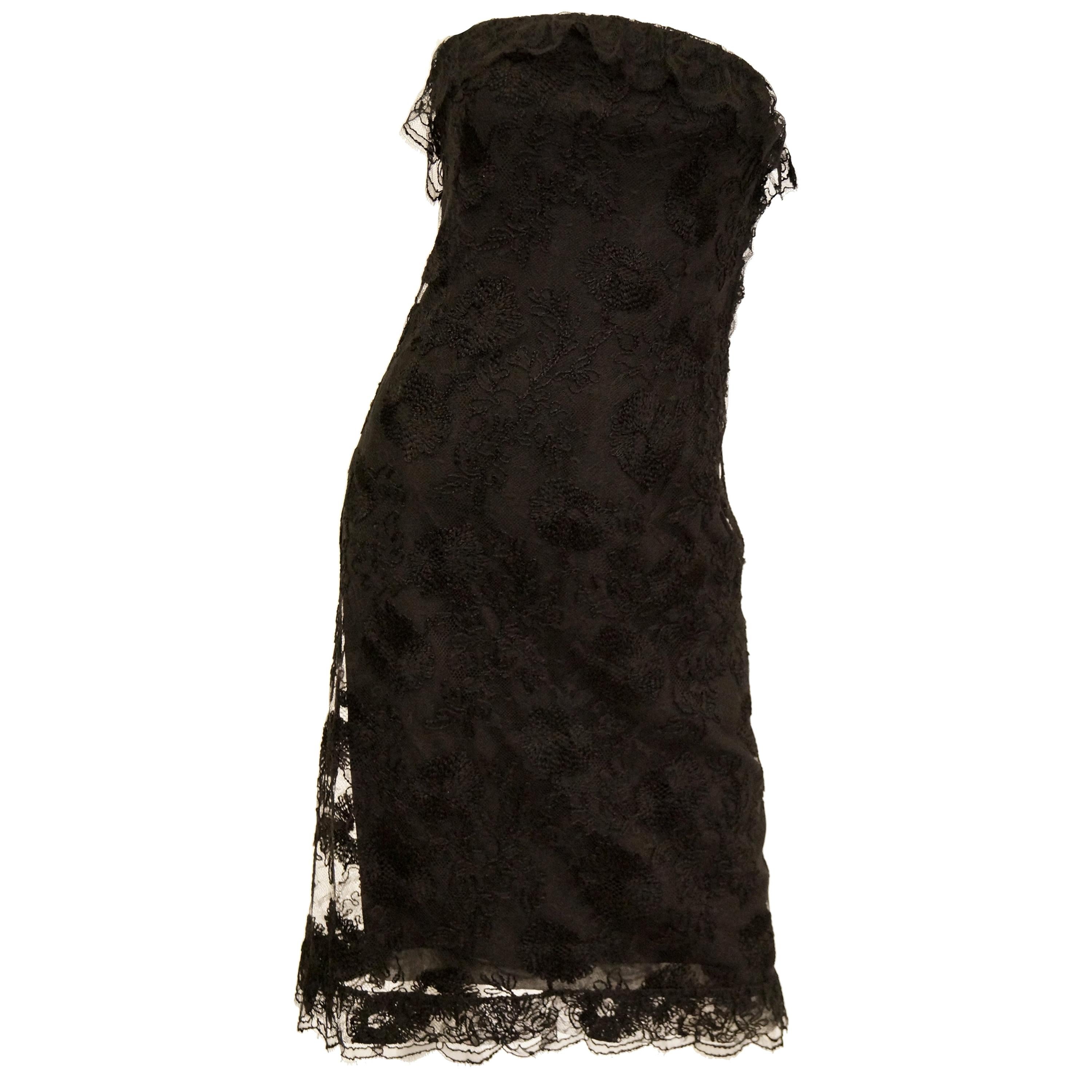 1957 Haute Couture Balenciaga Strapless Black Riechers Marescot Lace Dress For Sale