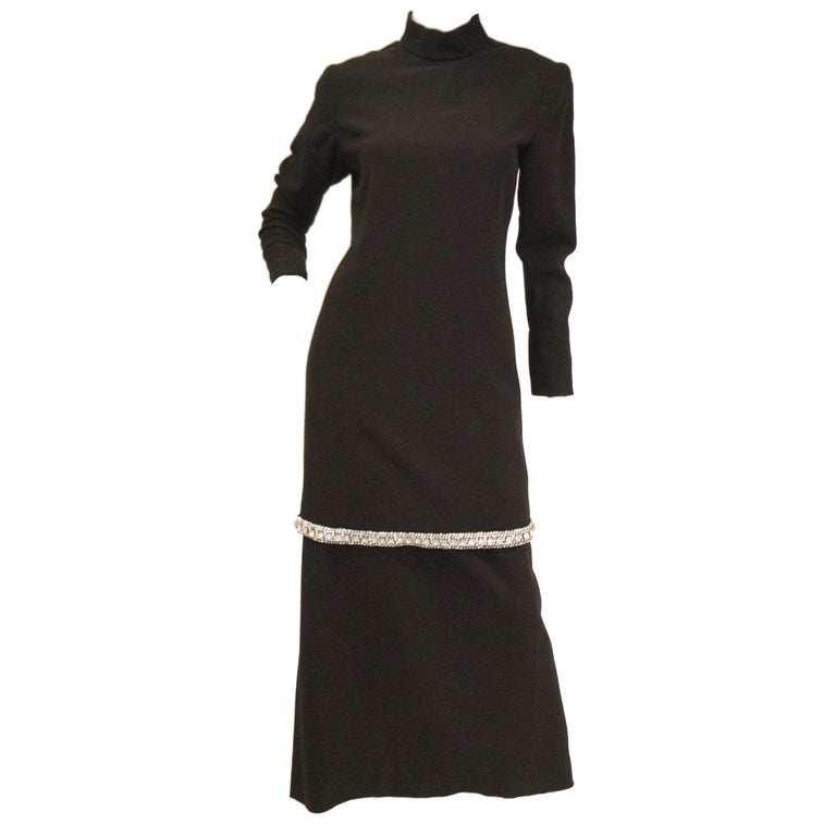 1970s Black Wool Evening Dress Ensemble with Oversized Rhinestone Trim