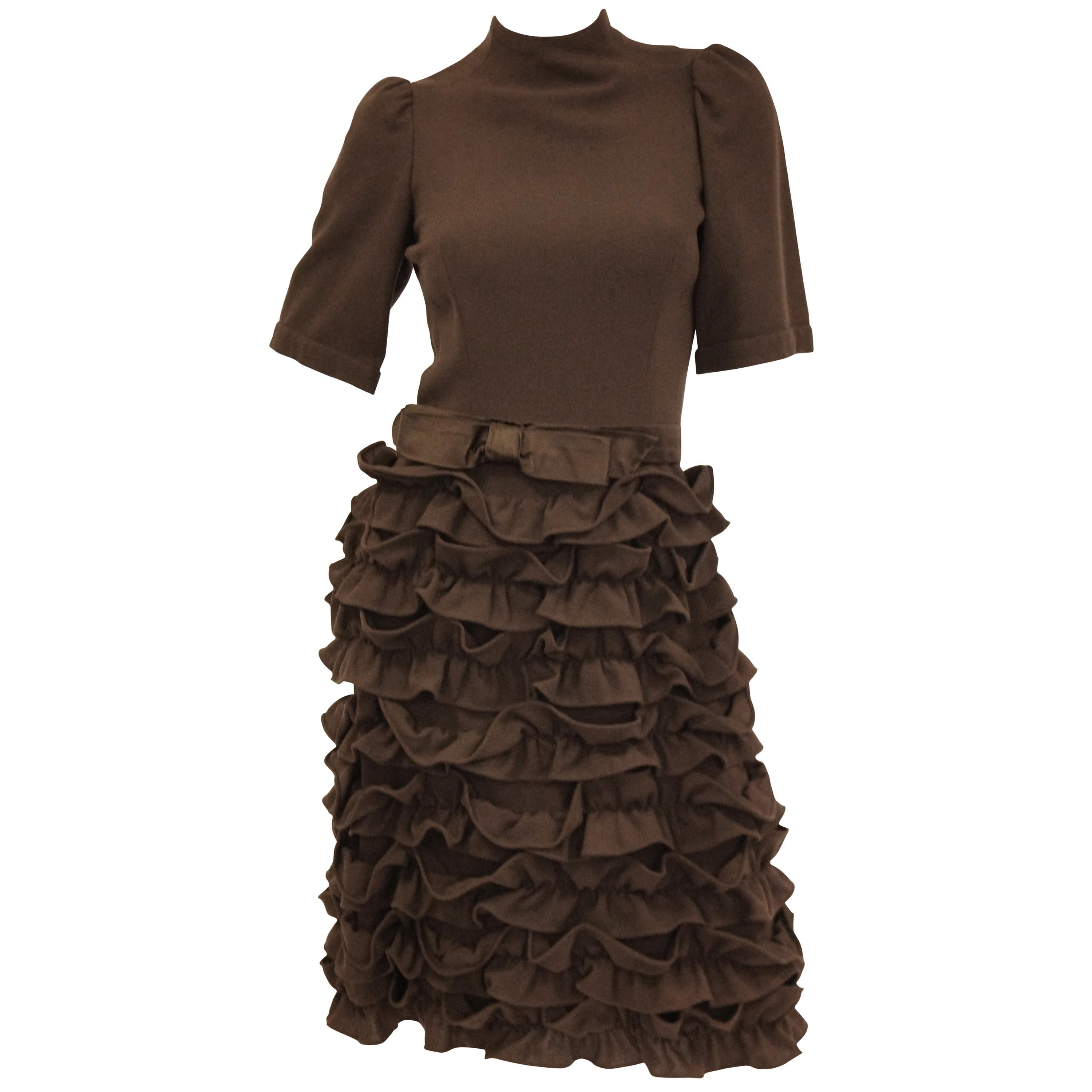 1960s Cardinali Chocolate Brown “Sample” Cocktail Dress w/ Scalloped Skirt For Sale