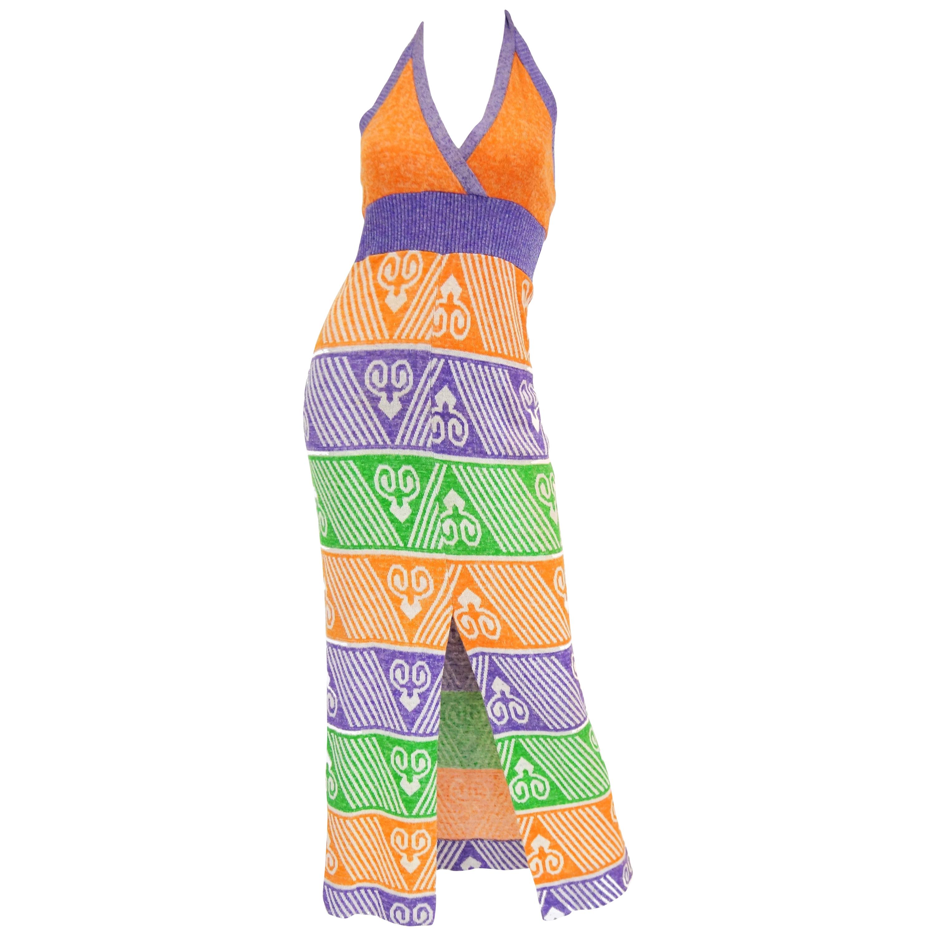  1970s Giorgio di Sant Angelo Knit Halter Maxi Dess in Orange, Purple, Green For Sale