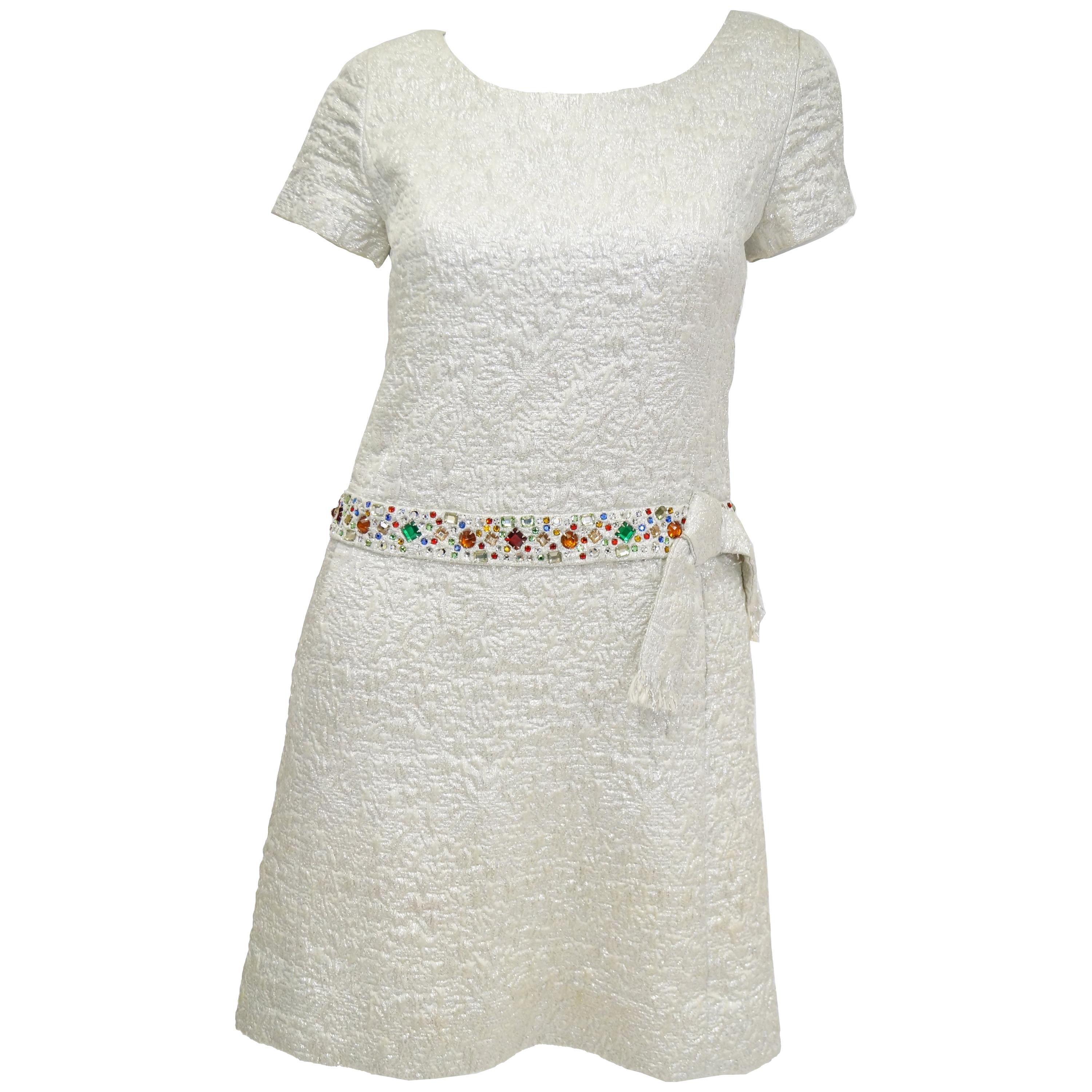 1960s B. Altman Silver Shift Cocktail Dress with Multicolor Rhinestone Belt For Sale