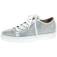 Le Silla Grey Crystal Embellished Suede Lace Up Sneakers Size 37