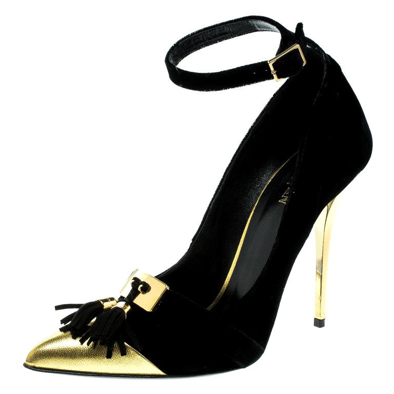 Balmain Velvet and Metallic Gold Leather Lena Tassel Ankle Strap Pumps Size 39