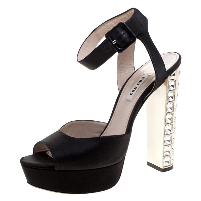 Miu Miu Black Satin Crystal Embellished Block Heel Ankle Strap Sandals Size  40 For Sale at 1stDibs