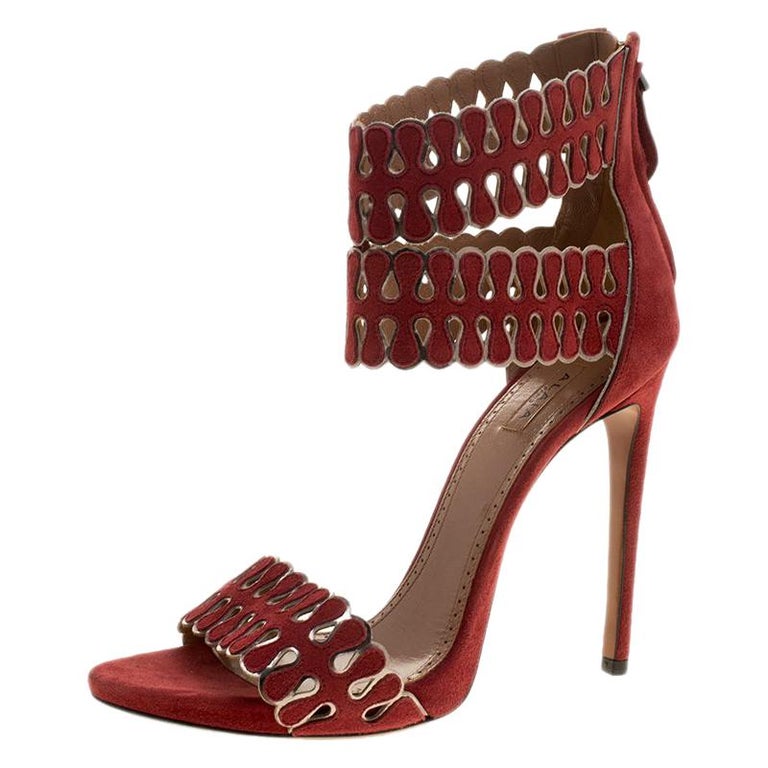 Alaia Maroon Cut Out Suede Ankle Cuff Peep Toe Sandals Size 40 For Sale ...