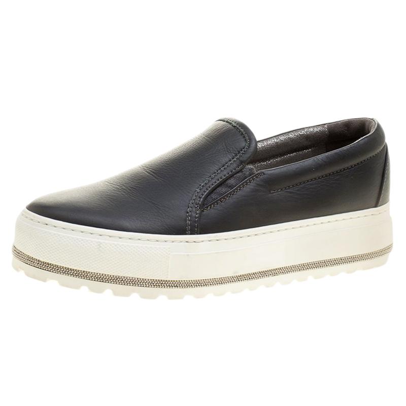 Brunello Cucinelli Black Leather Slip On Sneakers Size 37.5
