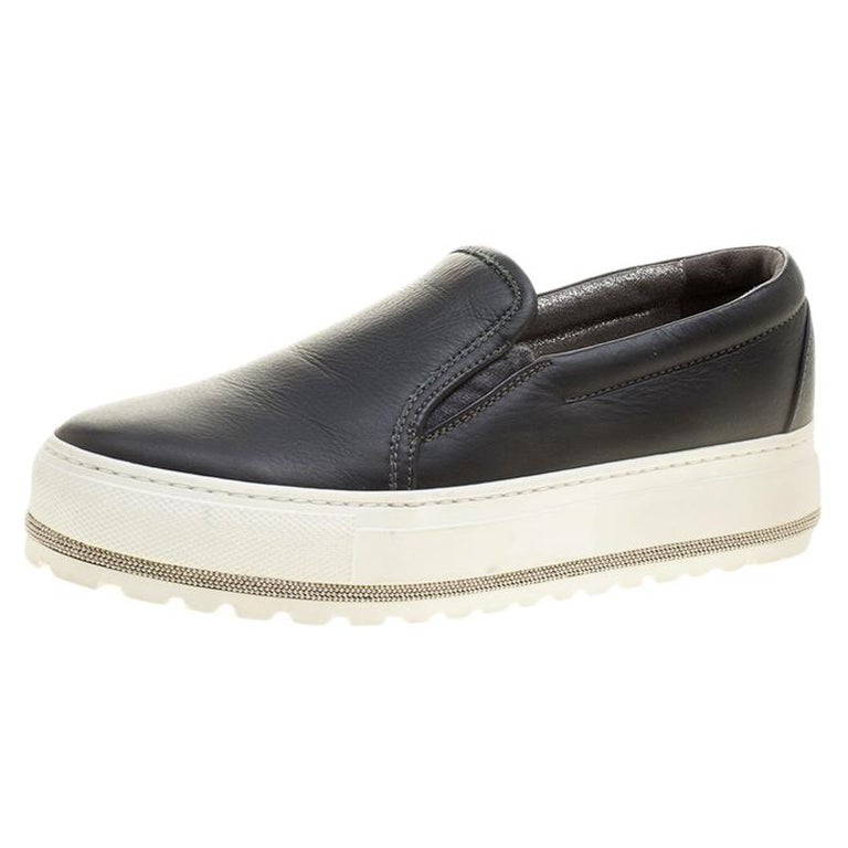 Brunello Cucinelli Black Leather Slip On Sneakers Size 37.5 For Sale at ...