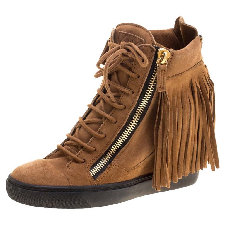 Giuseppe Zanotti Brown Suede Lorenze Fringe Wedge Sneakers Size 40 For Sale  at 1stDibs