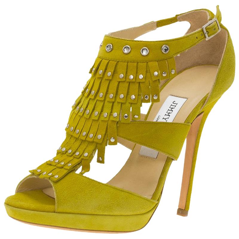 Jimmy Choo Yellow Suede Studded Fringe Platform Sandals Size 36.5