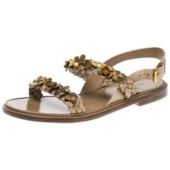 Valentino Beige Braided Leather Floral Embellished Flat Sandals Size 39