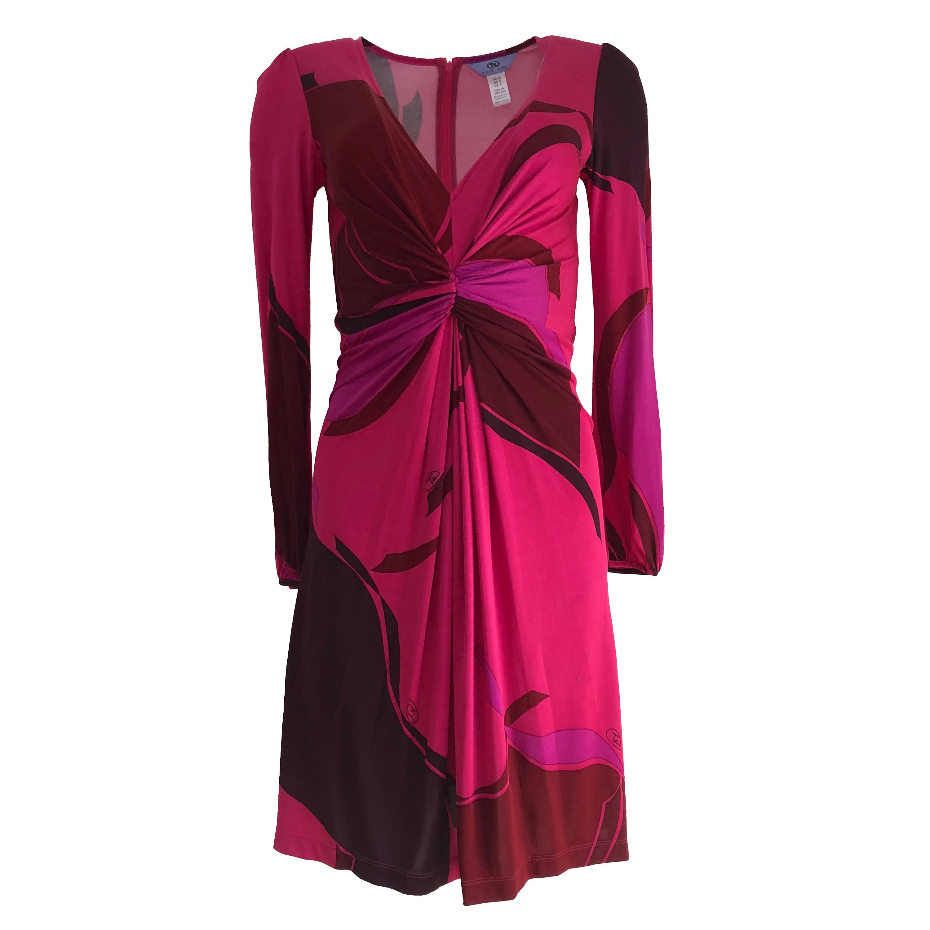 Women's Flora Kung Deep Pink Plunge-V Silk Jersey Twist Print Dress NWT For Sale