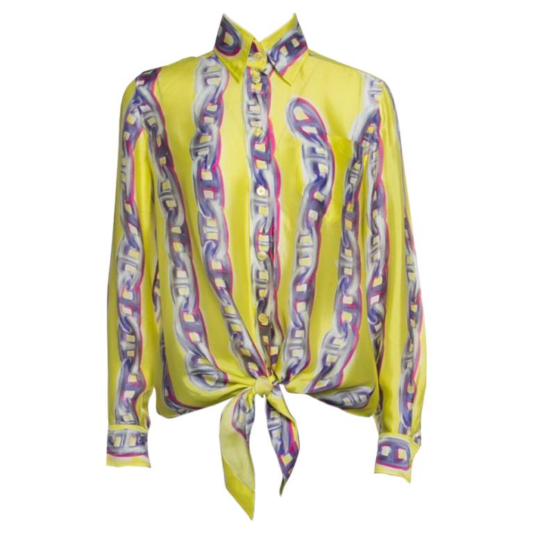 Hermes Yellow Silk Chain Printed Front Tie Long Sleeve Shirt S