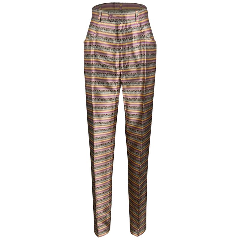 Yves Saint Laurent Paris Multicolor Striped Silk Brocade High Waist Pants M