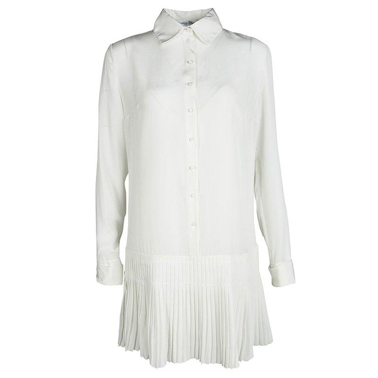 Dior Off White Silk Pleated Bottom Long Sleeve Shirt Dress S For Sale ...
