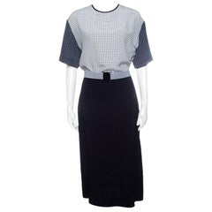 Victoria Victoria Beckham Navy Blue and White Printed Bodice Belted Dress M