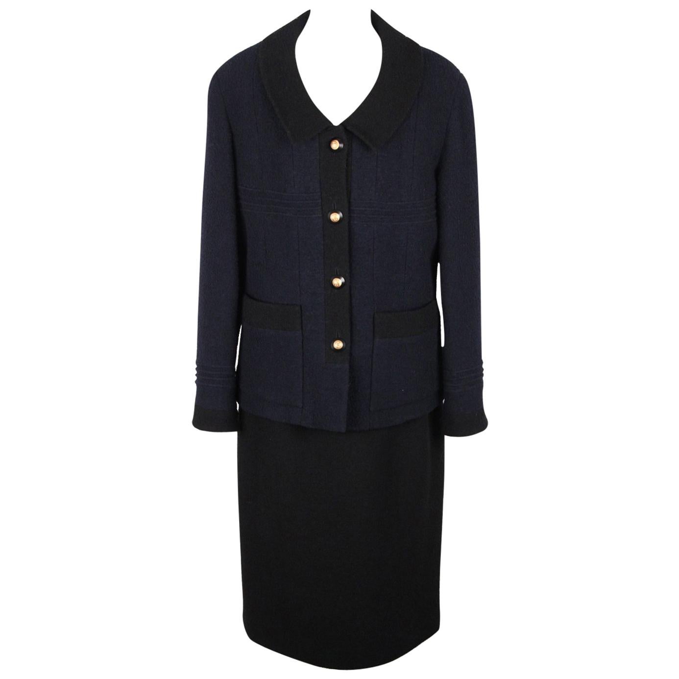 Chanel Vintage 1993 Blue and Black Wool Blend Skirt Suit Size 42