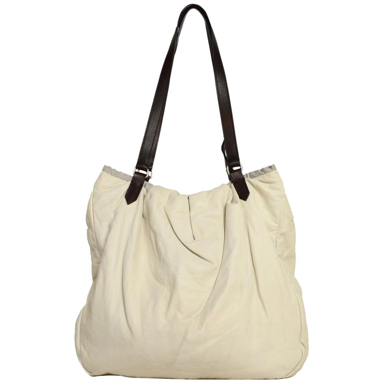Brunello Cucinelli Cream Leather Tote Bag W/ Brown Leather Straps For Sale at 1stdibs