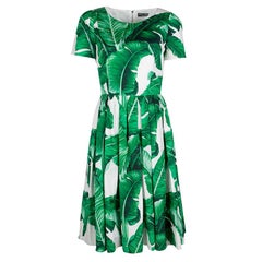 Dolce and Gabbana Green and White Banana Leaf Print Cotton Poplin Dress M