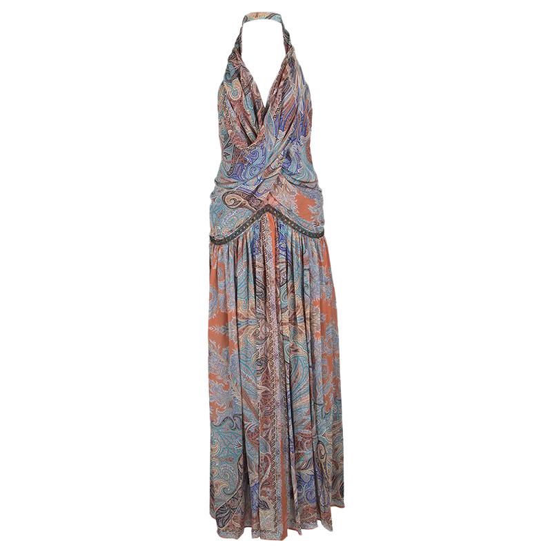 Etro Multicolor Printed Silk Draped Embellished Waist Maxi Dress S