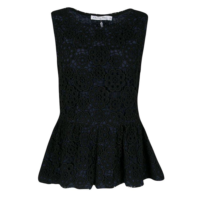 Dior Navy Blue and Black Floral Lace Overlay Sleeveless Peplum Top L
