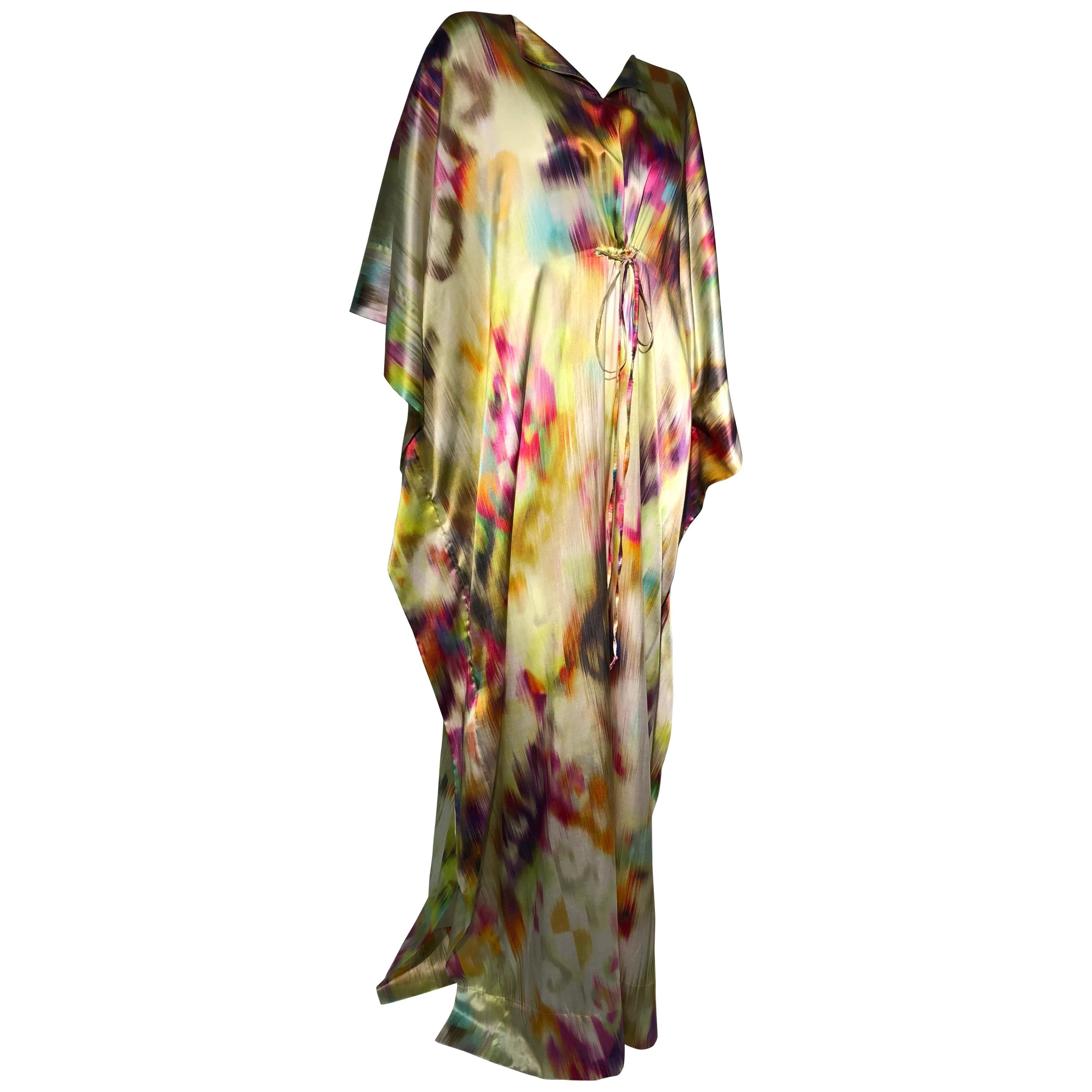 Silk Satin Deconstructed Rainbow Ikat Patterned Caftan W/ Drawstring Under Bust