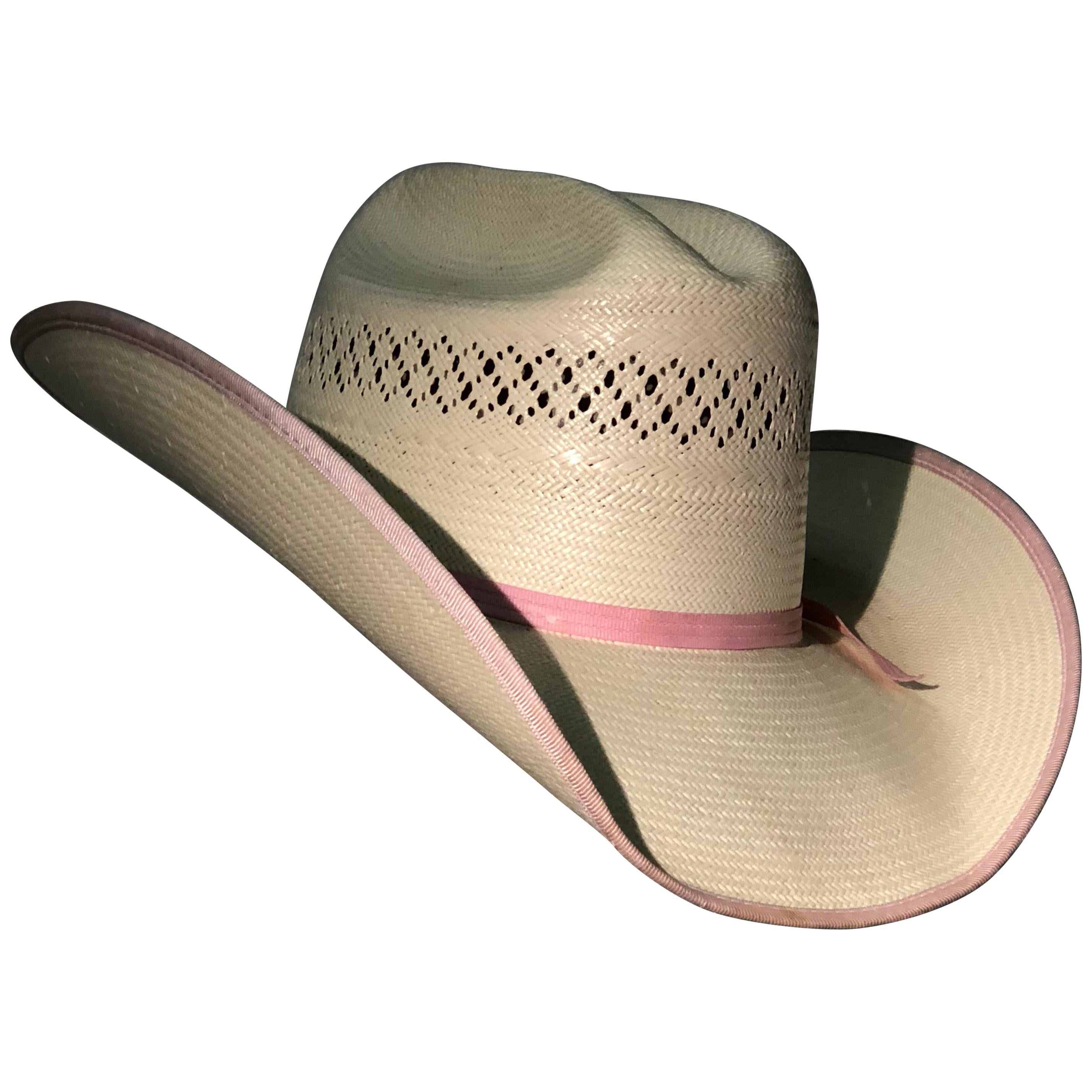 1980s Tony Lama Structured Straw Cowgirl Hat W/ Pink Ribbon Edging & Band For Sale