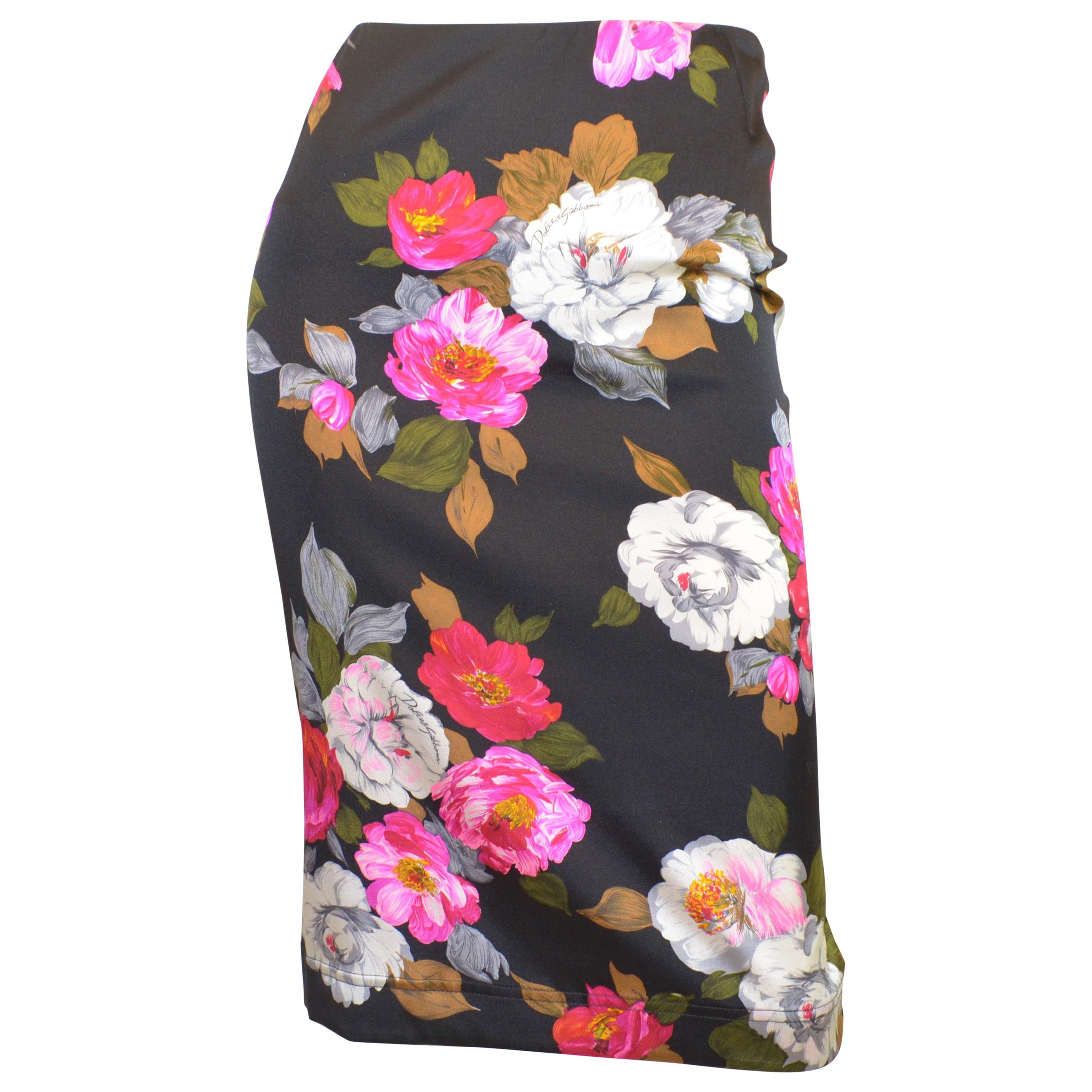 Black Floral Print Stretch Pencil Skirt 