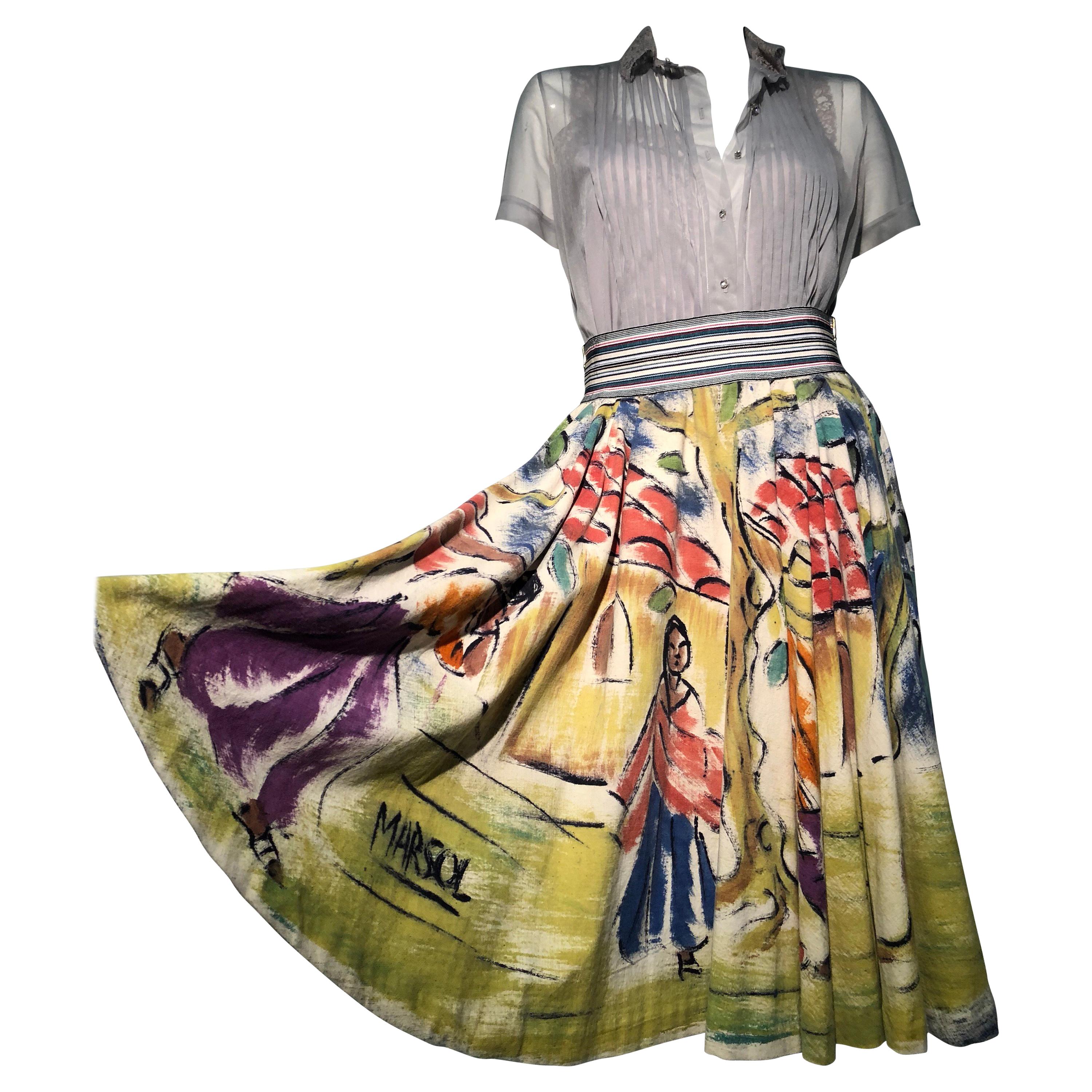 A Colorful 1950s Hand Painted Mexican Circle Skirt W/ Oyster Chiffon Blouse