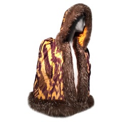 Used Torso Creations Silk Ikat 1930s Style Caplet W/ Hood & Fox Fur Trim 