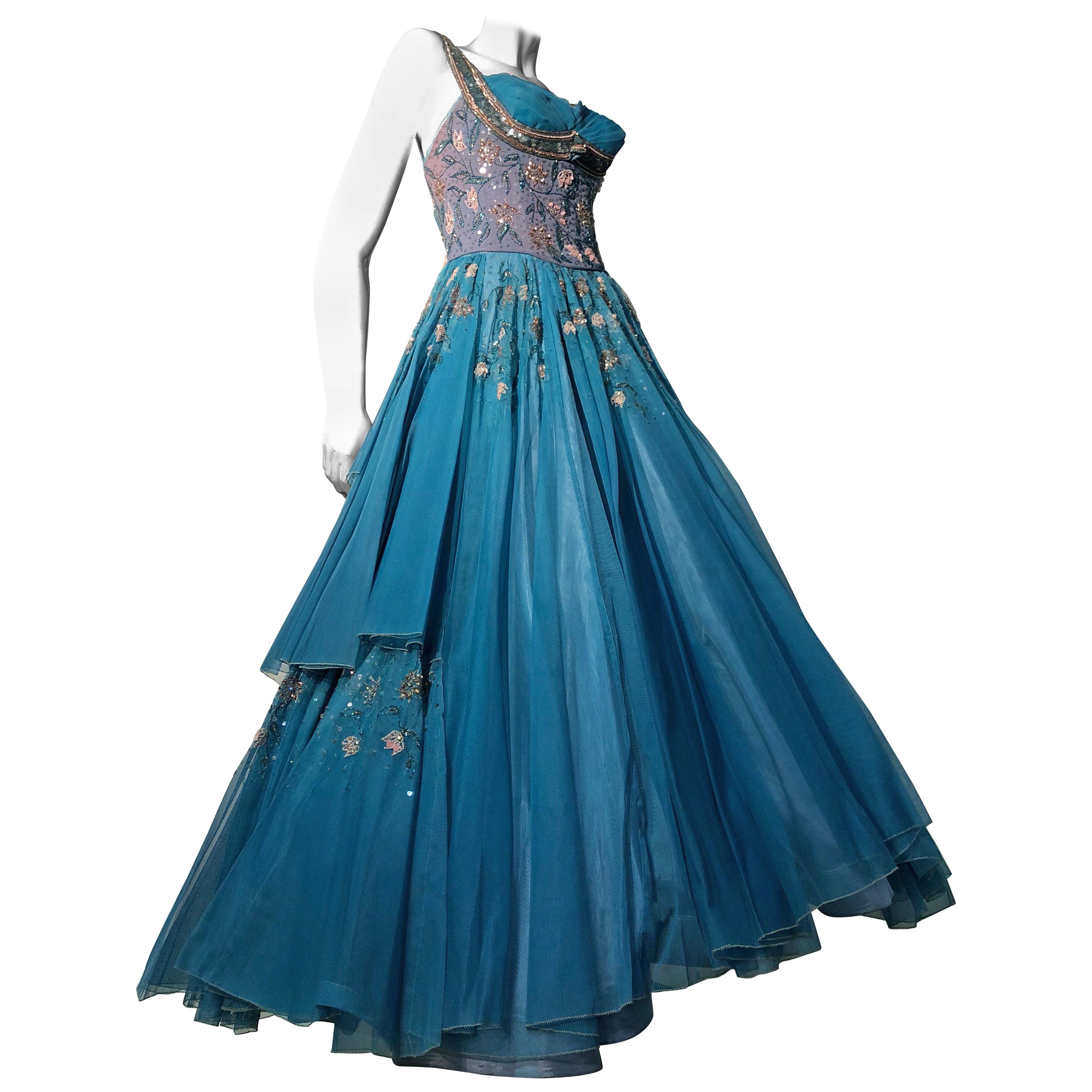 MGM Mme des années 1950. Etoile par Irene Sharaff - Robe de bal haute couture en soie sarcelle profonde en vente
