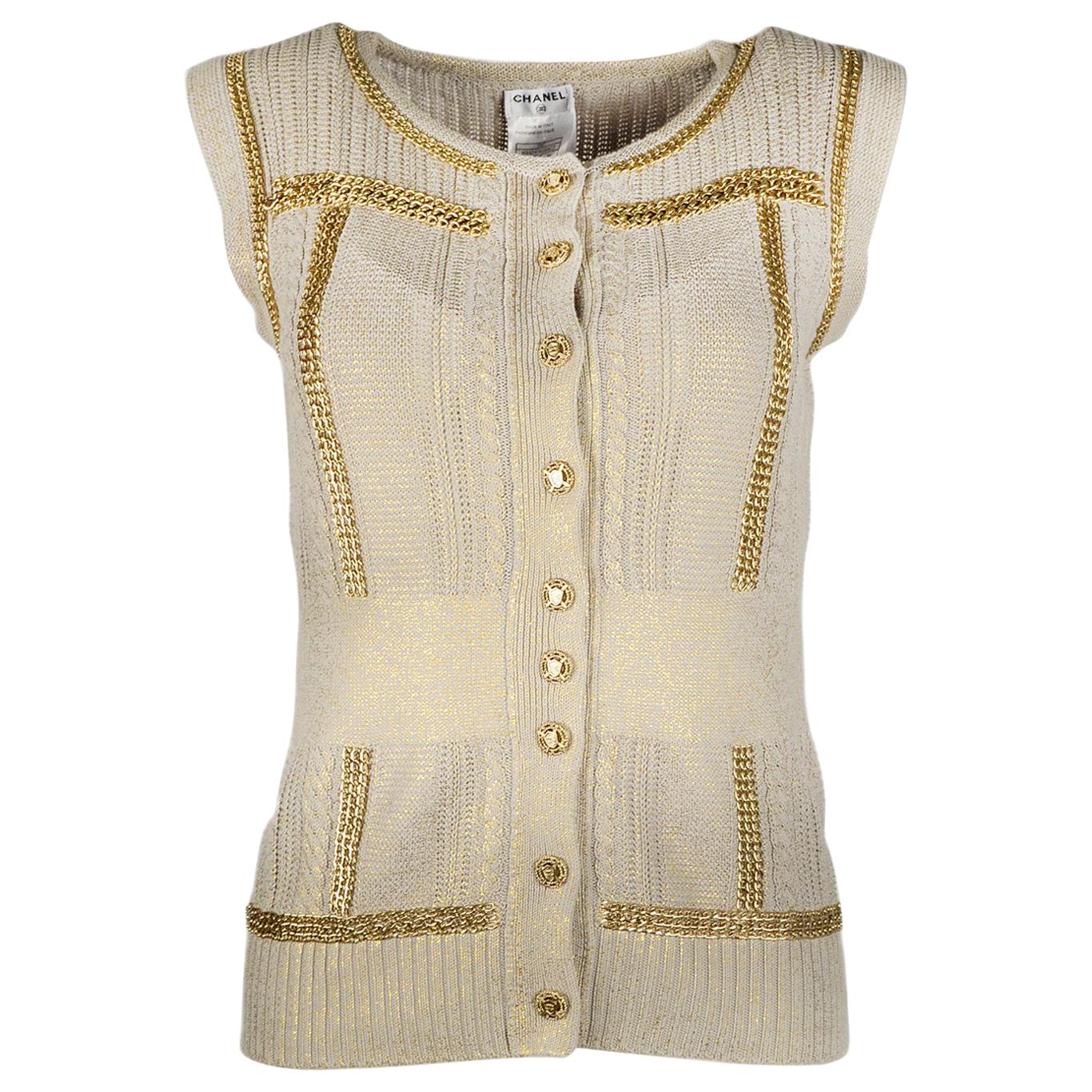 Chanel Grey/Gold Metallic Knit Vest W/ Chain Detailing & CC Shield Buttons Sz 38