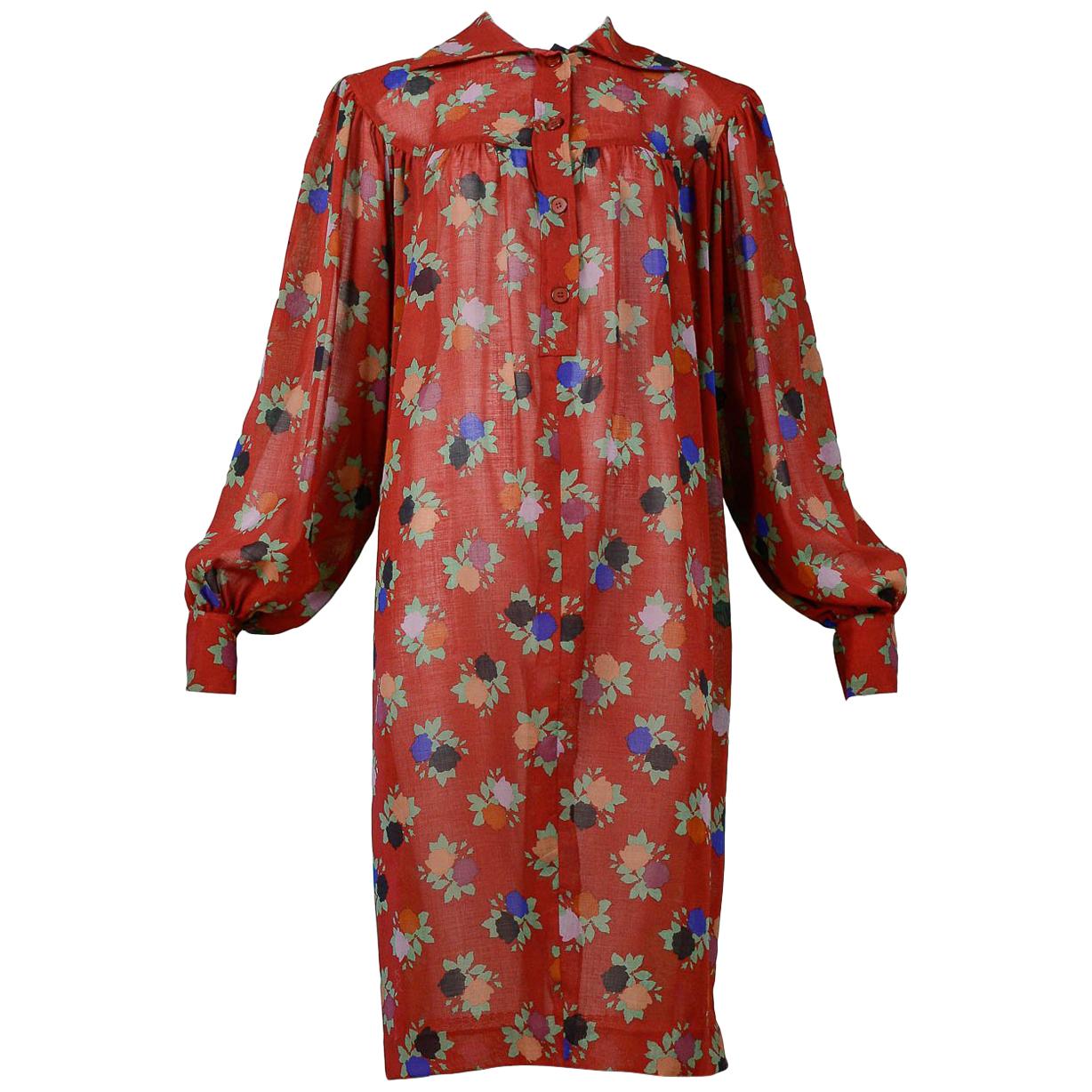Vintage Yves Saint Laurent YSL Red Floral Smock Dress  1970's For Sale
