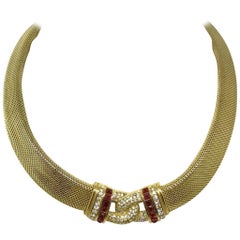 Circa 1970s Christian Dior Woven Goldtone Necklace with Red Faceted Stones