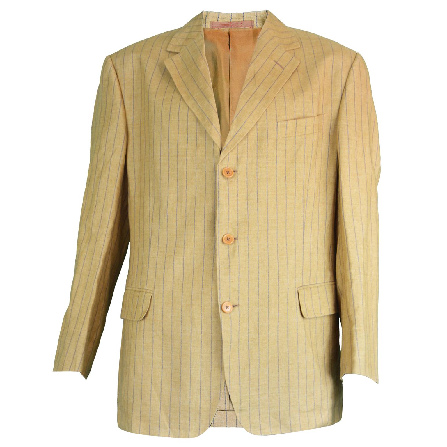 Romeo Gigli Men's Vintage Mustard Yellow Pinstripe Linen Blazer Jacket, 1990s