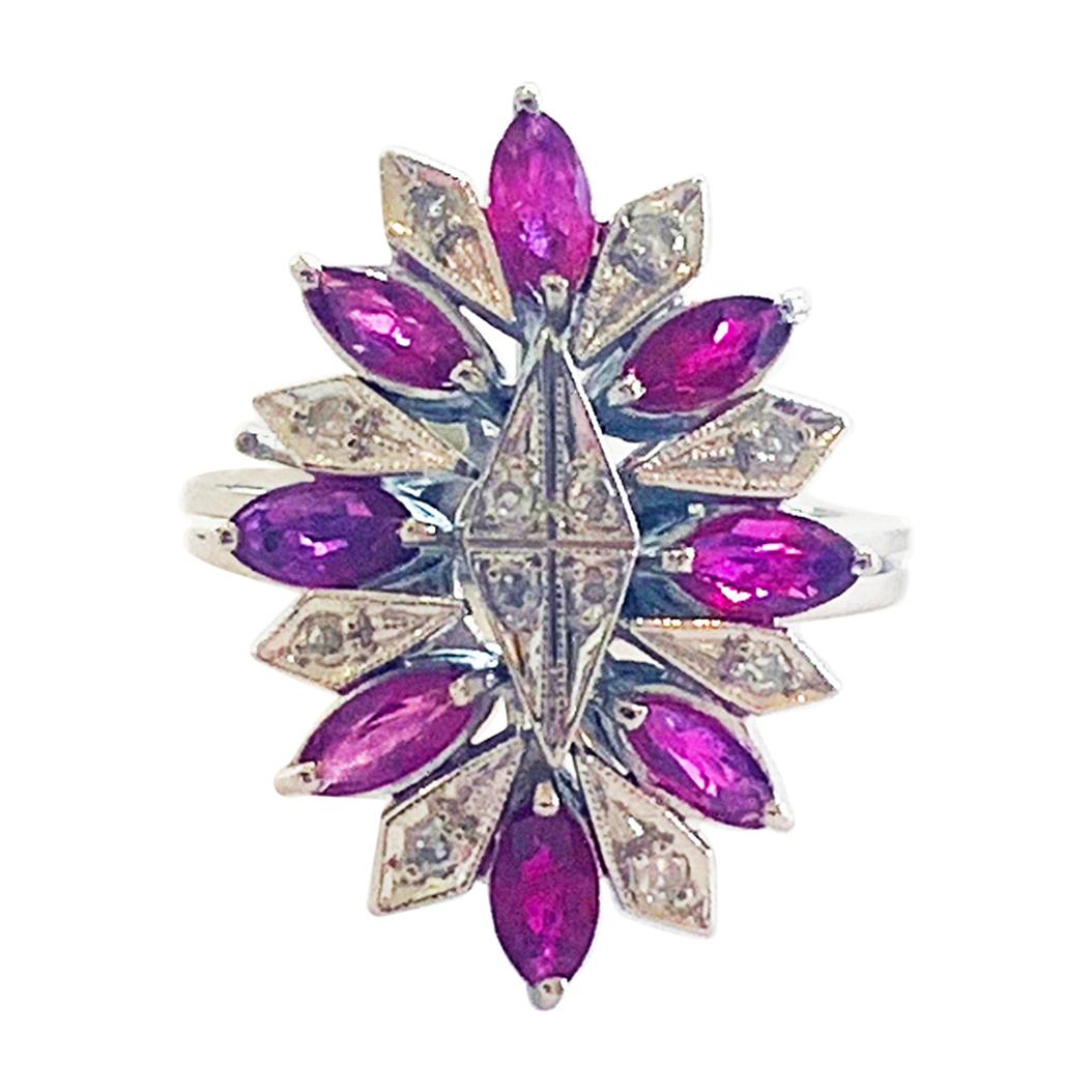 Art Deco Marquise Ruby and Diamond Palladium and white gold ring For Sale