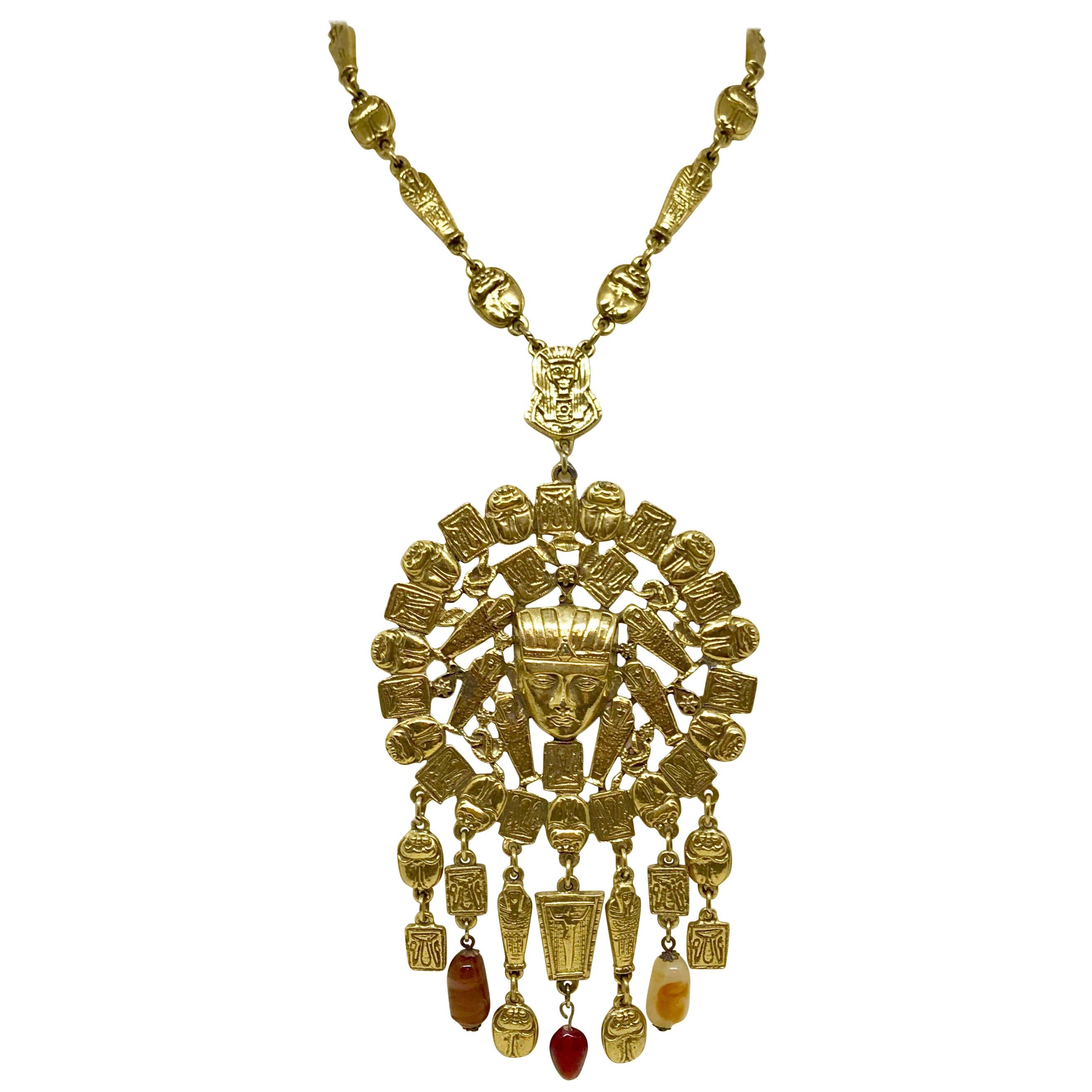 Circa 1960s Goldette Large Goldtone Egyptian Revival Necklace  For Sale