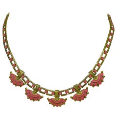 Circa 1920s Egyptian Revival Coral-Orange Enameled Necklace 