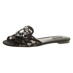Dolce and Gabbana Black Lace Sofia Crystal Embellished Slides Size 39.5