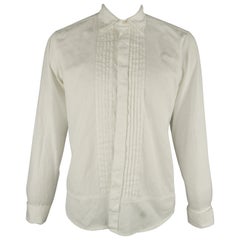 DRIES VAN NOTEN L White Jacquard French Cuff Pleated Front Long Sleeve Shirt