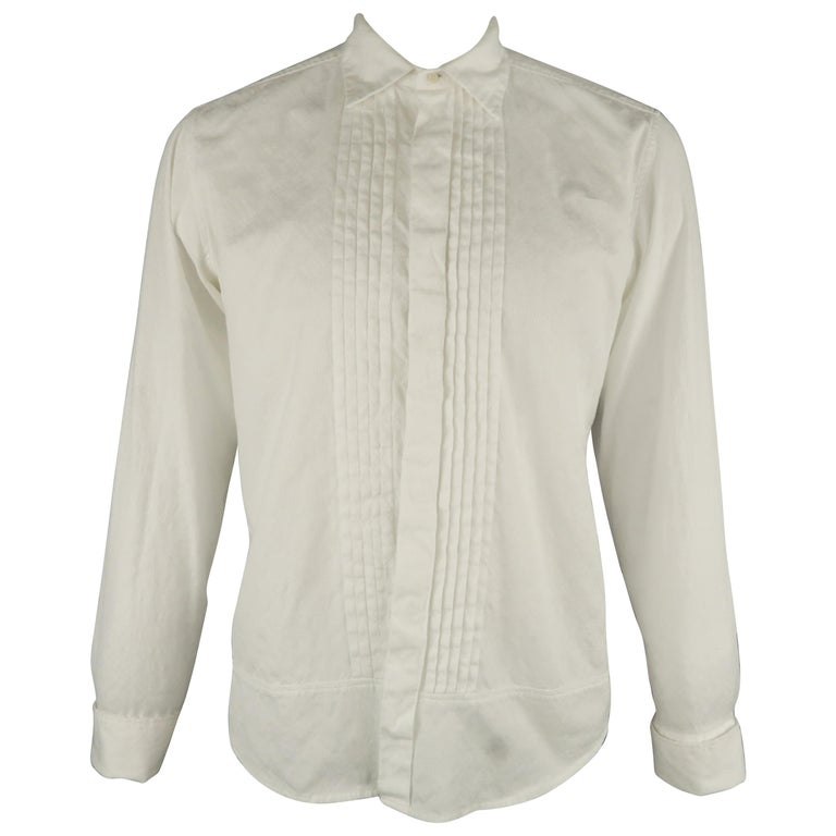 DRIES VAN NOTEN L White Jacquard French Cuff Pleated Front Long Sleeve ...
