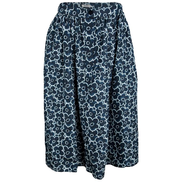 Miu Miu Blue Floral Printed Silk Gathered High Waist Midi Skirt S For ...