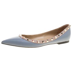 Valentino Grey Leather Rockstud Pointed Toe Ballet Flats Size 40