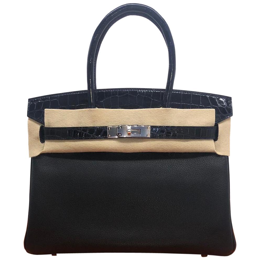 Hermes Handbag Birkin 30 Limited Touch Taurillon Novillo Noir / Nilo Blue Marine For Sale